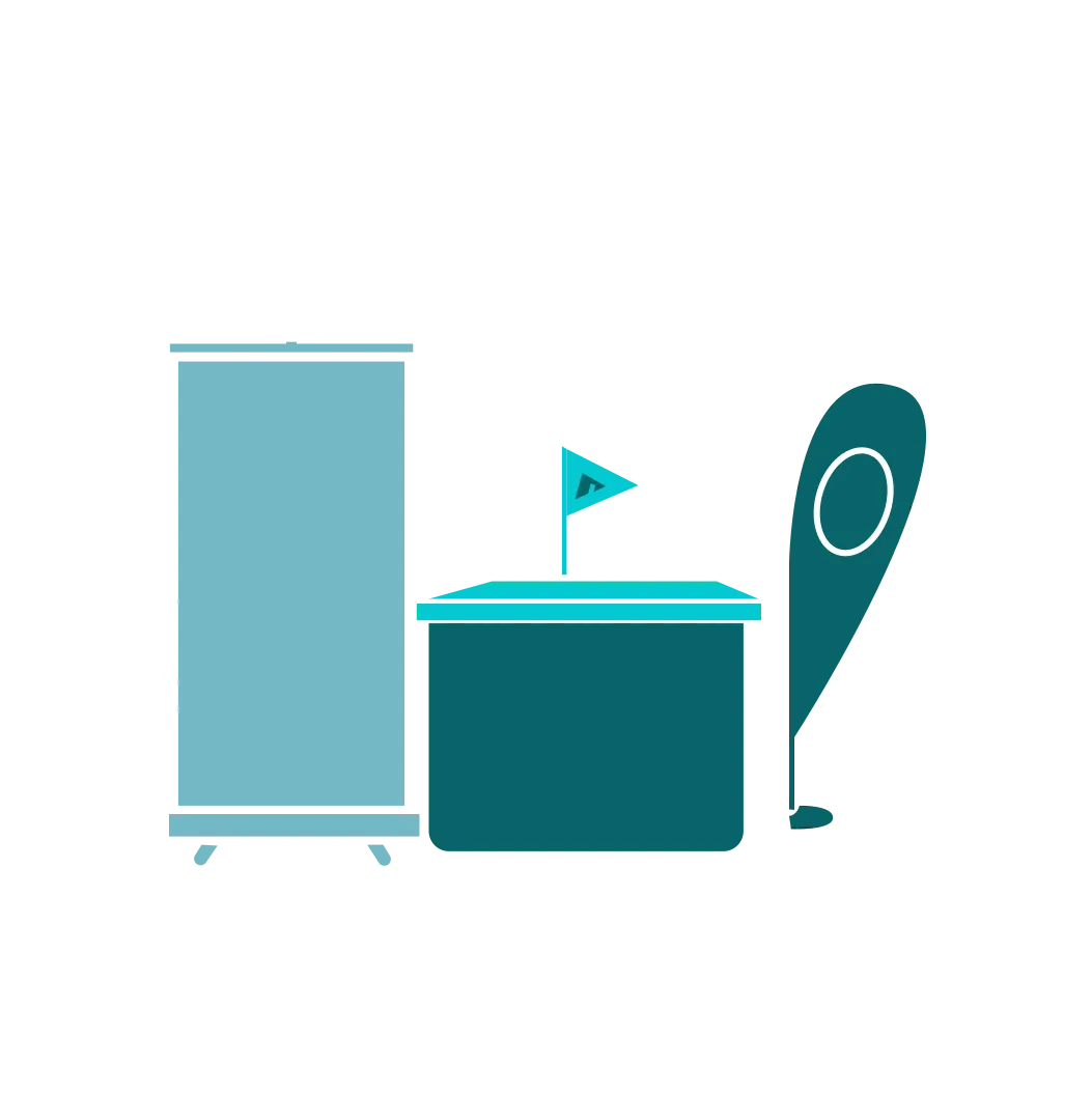 Event and Exhibition Materials including branded mugs, notebooks, and promotional items